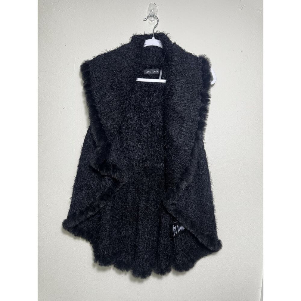 Love Token Black Fuzzy Knit Cascade Cardigan With Faux Fur Trim Small